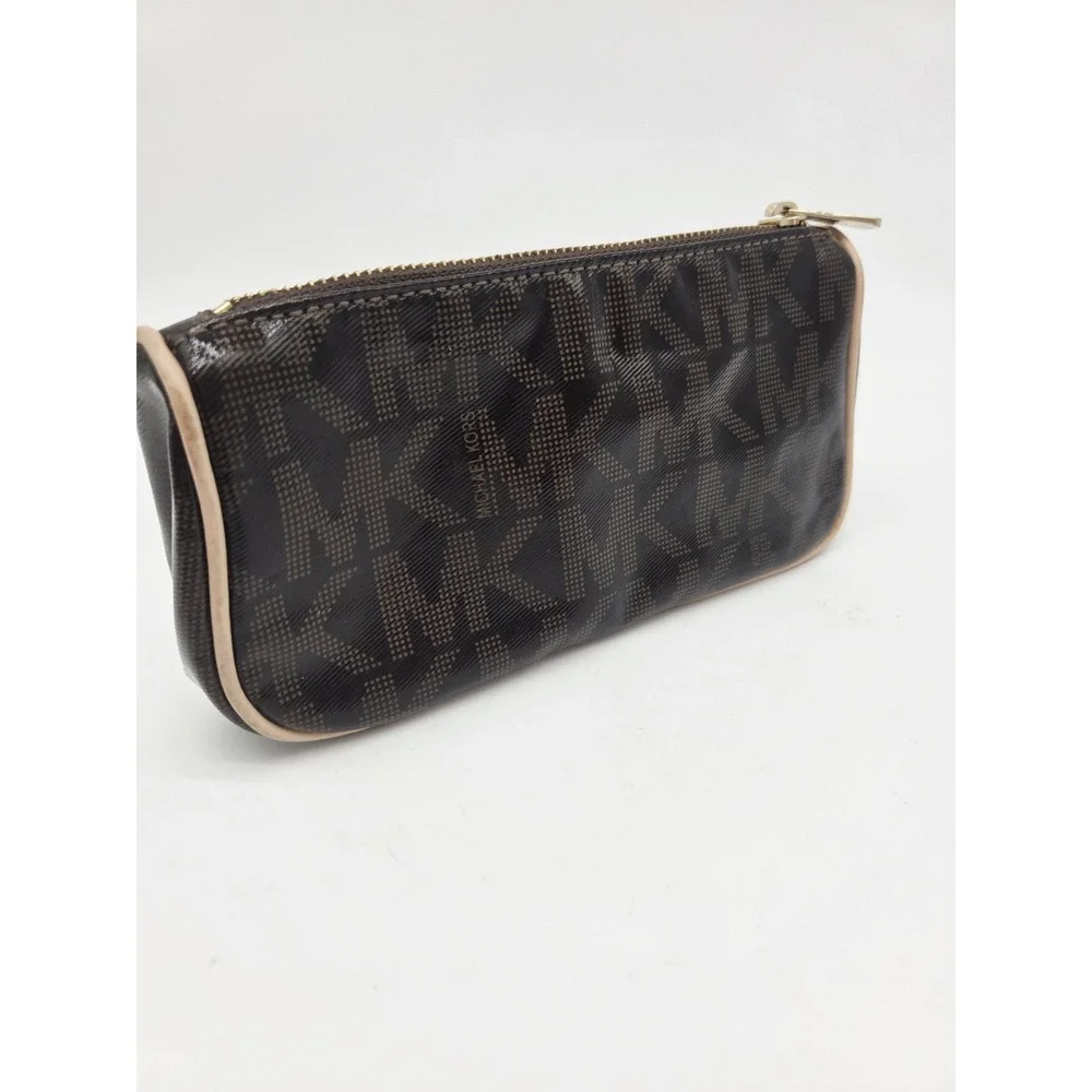 Michael Kors Glossy Brown Leather Makeup Bag Cosmetic Long Tan Monogram Logo